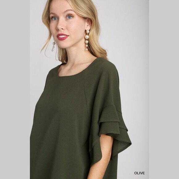 Layered Ruffle Sleeve Top / Blouse - Boxy Cut - Wide Round Neck - Olive Green - Picture 2 of 9